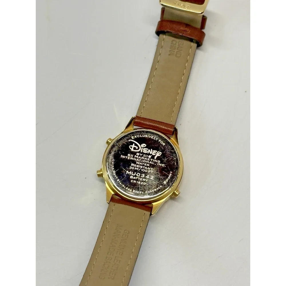 Vintage Disney Pooh Bear Watch S11 Flowers Butterfly Colorful Gold Brown Leather